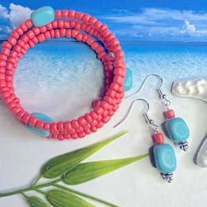 Beachy Turquoise Coral Earring & Bracelet Set